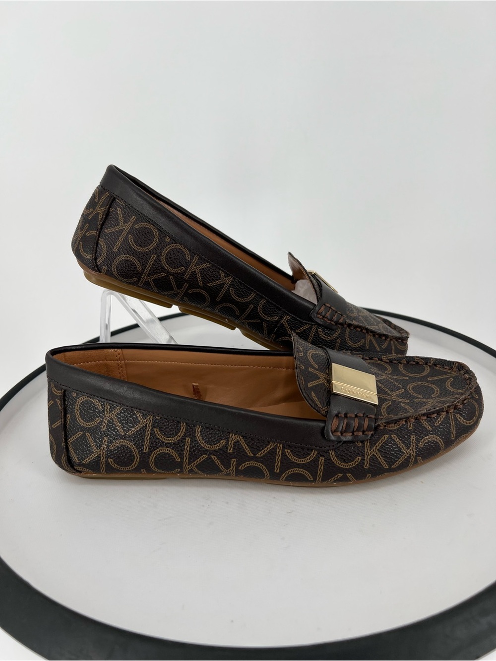 Calvin‎ Klein LISA LOAFERS Dark Brown Logo Moccasins  with Gold Accent
